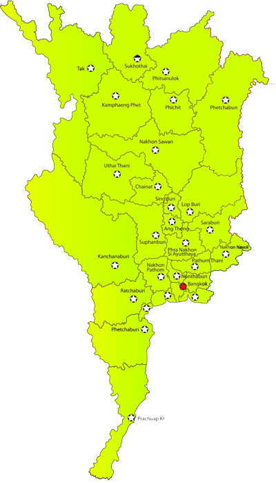 Em verde, mapa da região central da Tailândia, com destaque para Bangkok e as províncias vizinhas.