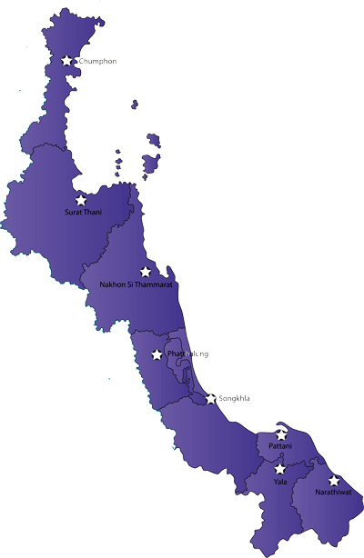 Mapa da costa leste do sul da Tailândia com destaque para Surat Thani, Songkhla e Narathiwat.