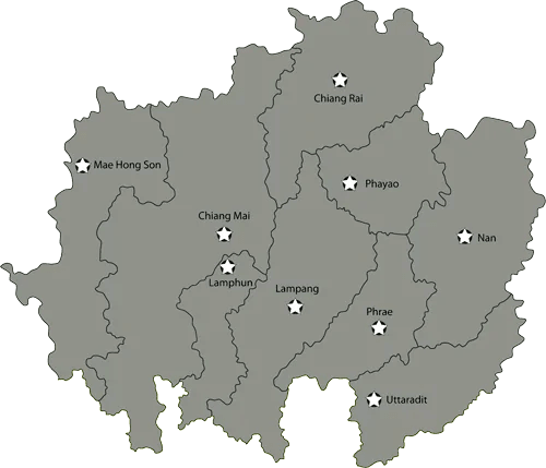 Mapa da região norte da Tailândia com destaque para Chiang Mai, Chiang Rai e outras províncias montanhosas.