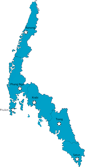 Mapa da costa oeste do sul da Tailândia com destaque para Krabi, Phuket e outras províncias litorâneas.