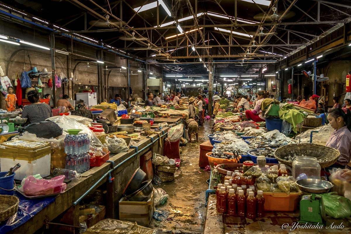 Mercado coberto com barracas vendendo peixes, temperos, vegetais e alimentos variados.