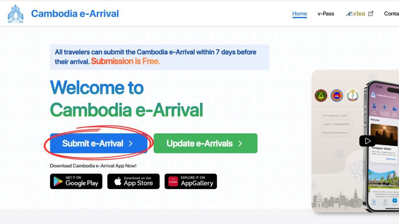 Página inicial do site oficial do Cambodia e-Arrival com o botão “Submit e-Arrival”.