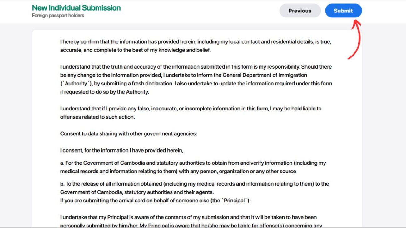 Página de confirmação do Cambodia e-Arrival antes do envio.