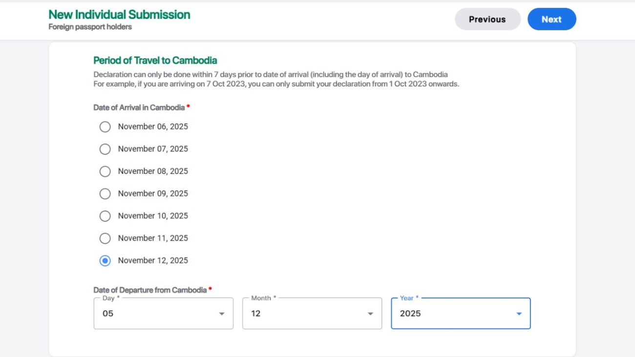 Etapa do e-Arrival com seleção das datas de chegada e saída do Camboja.