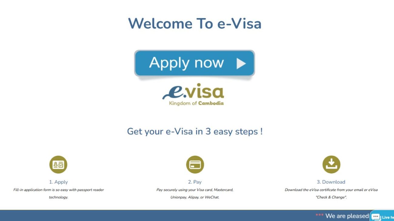 Página inicial do site oficial do e-Visa do Camboja com o botão “Apply now”.