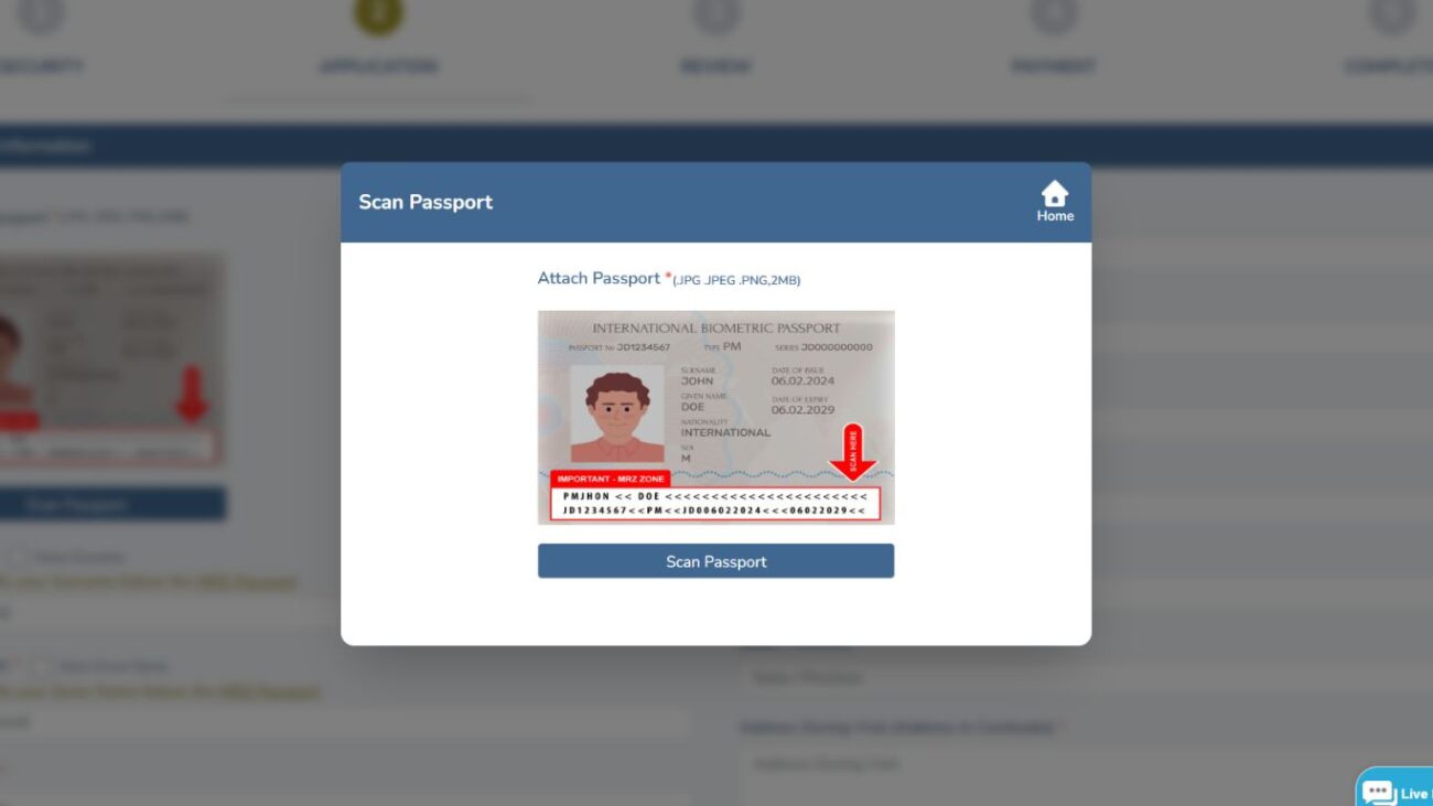 Tela do e-Visa mostrando o campo para anexar e escanear o passaporte biométrico.