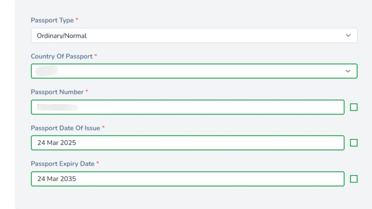 Campos de preenchimento do tipo de passaporte, país emissor e datas de emissão e validade.