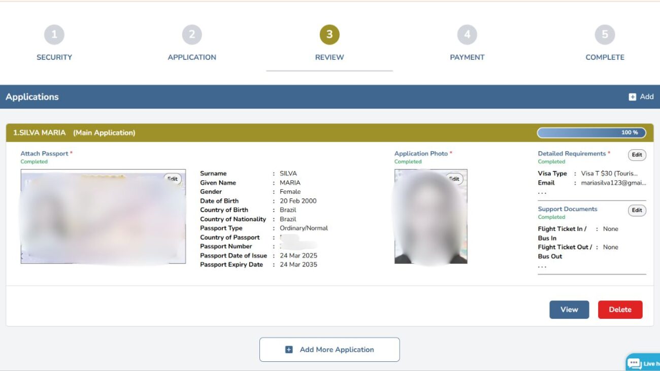 Tela de revisão do e-Visa mostrando os dados pessoais e documentos anexados.