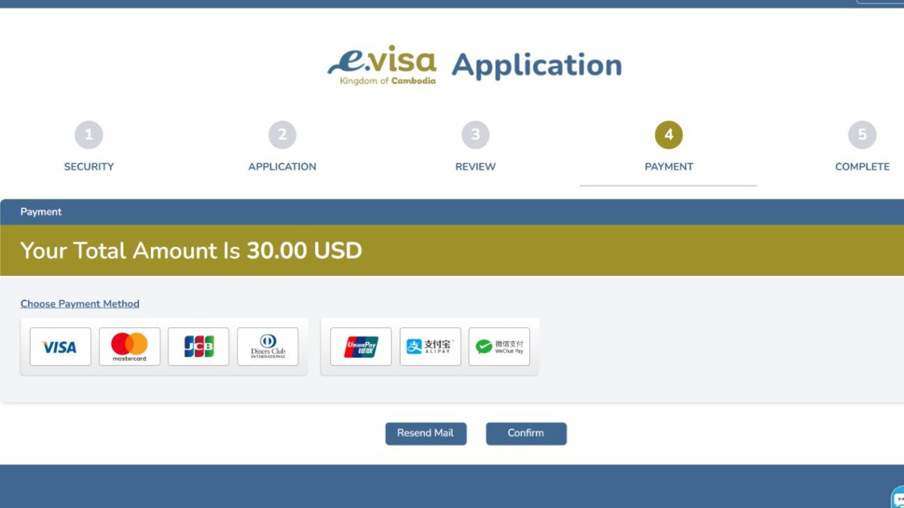 Página de pagamento do e-Visa do Camboja mostrando o valor total de 30 dólares.