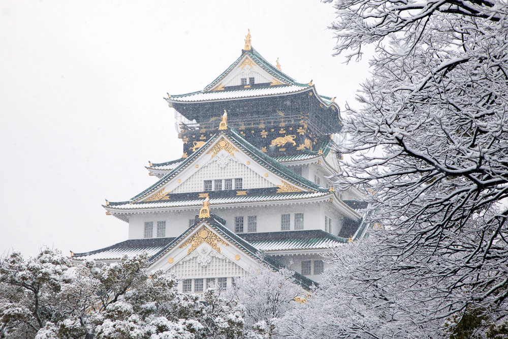 Castelo de Osaka durante o inverno, com telhados cobertos de neve e árvores branqueadas ao redor da construção.