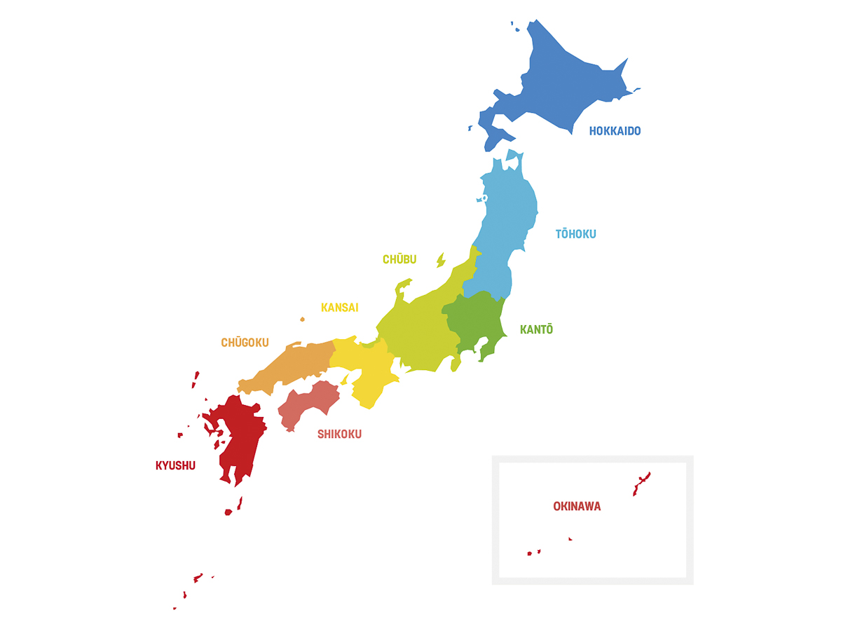 Mapa do Japão dividido por regiões com cores diferentes.