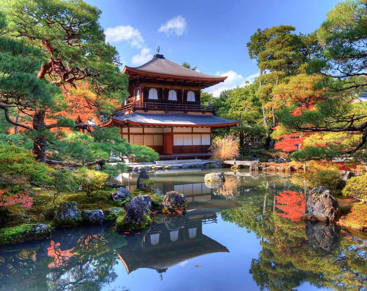 Pavilhão Ginkaku-ji refletido no lago em Kyoto.