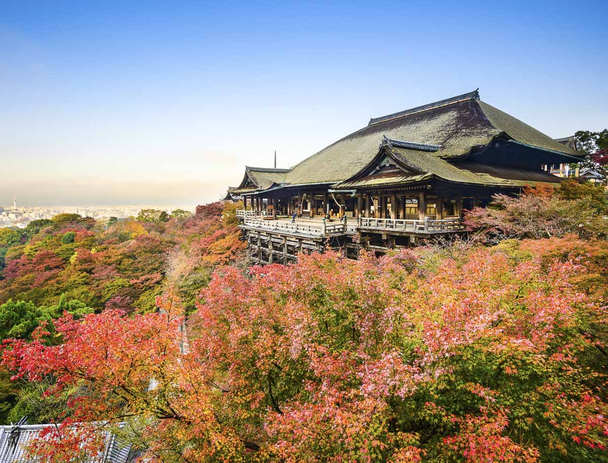 Templo Kiyomizu-dera em Kyoto com folhas de outono e vista panorâmica da cidade.