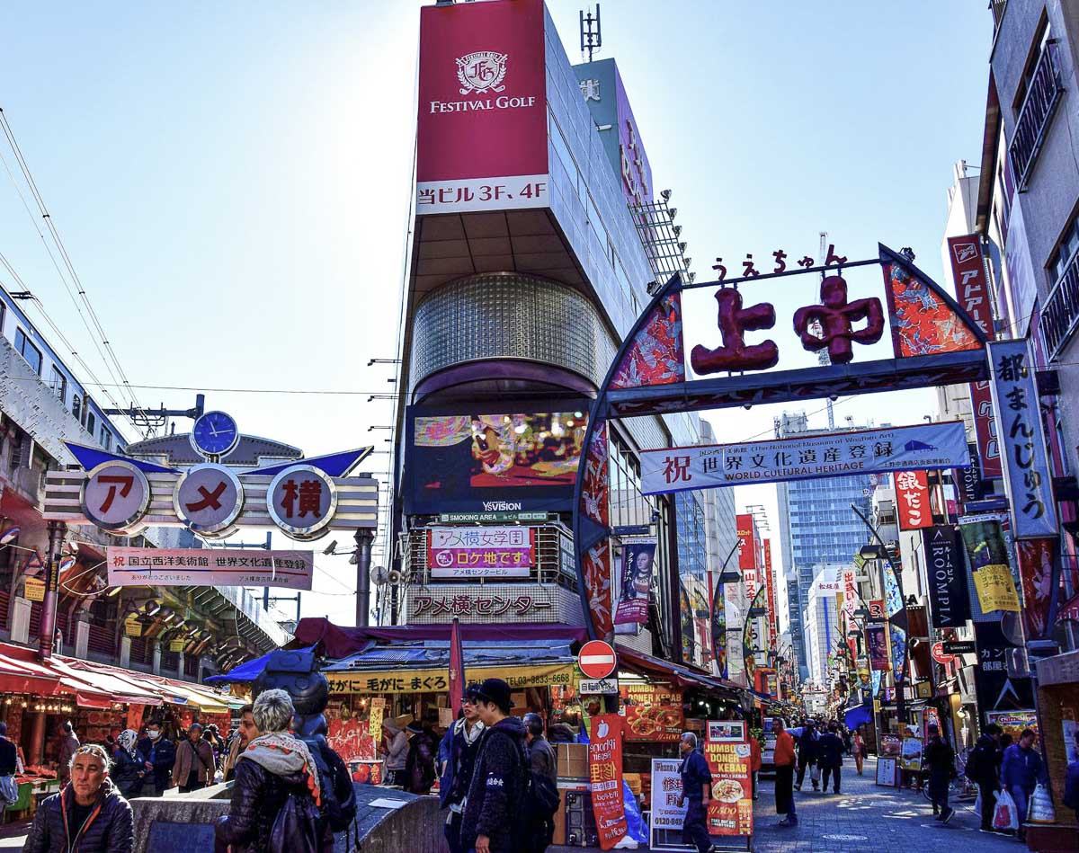 Rua comercial Ameyoko em Tokyo, com barracas, lojas e pedestres
