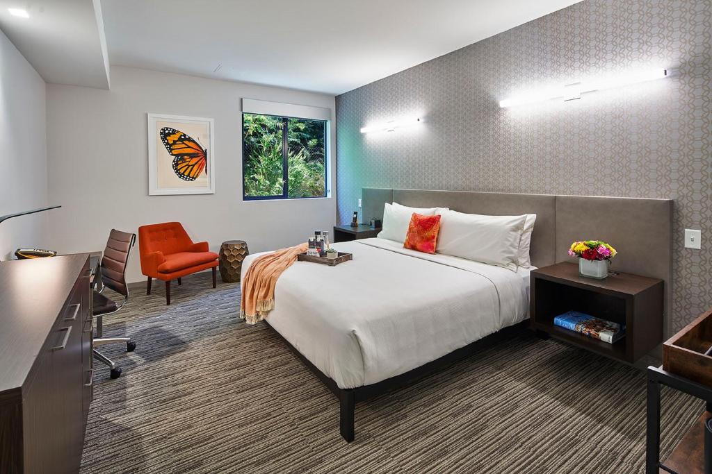 Quarto do Hotel Mariposa com cama de casal, poltrona laranja e quadro de borboleta