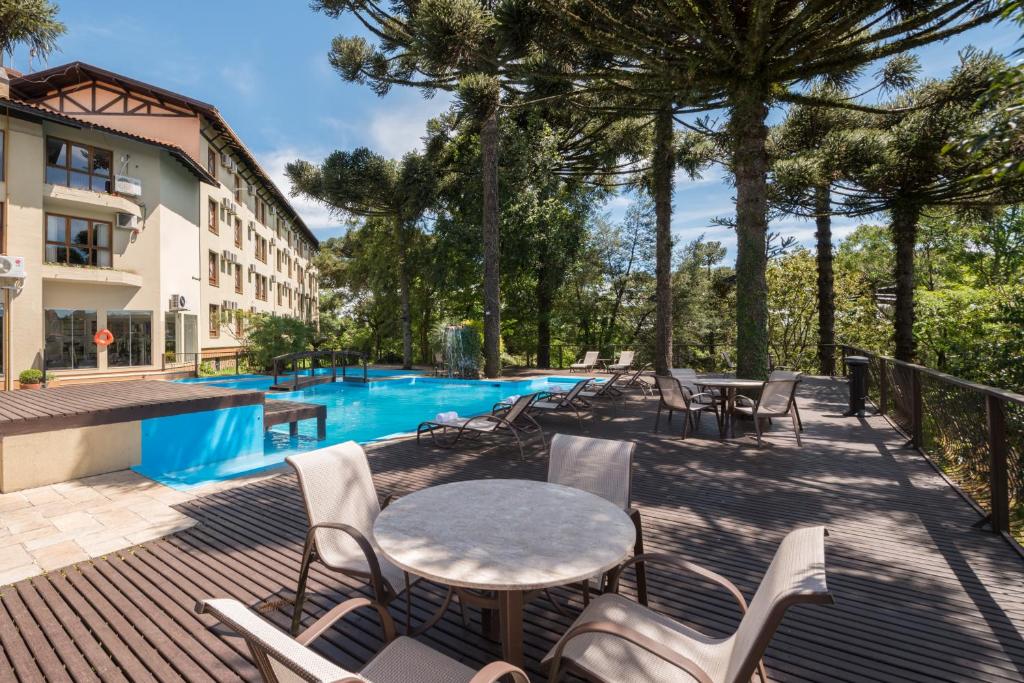 Área da piscina do Wish Serrano Resort, em Gramado, cercada por araucárias