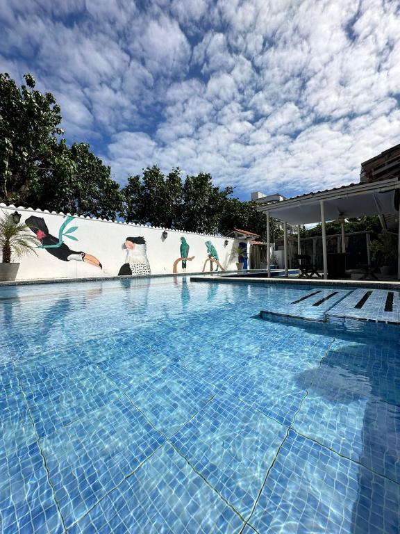 Piscina da Pousada e Hostel Aruana, em Cabo Frio, com mural de aves na parede