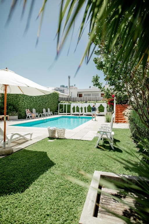 Piscina externa do Atlántico Boutique Hotel, em Punta del Este, cercada por gramado, espreguiçadeiras e vegetação.
